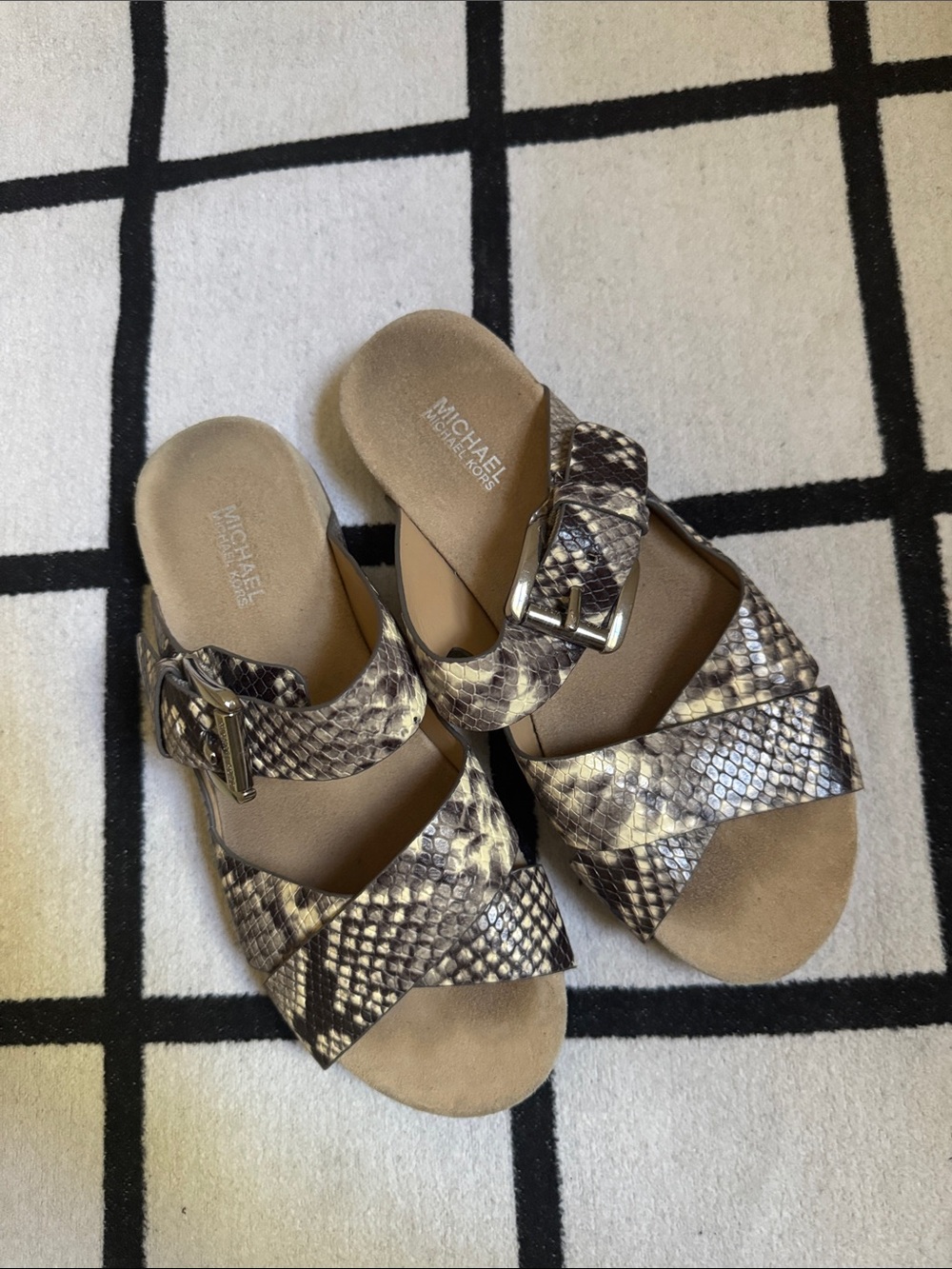 Michael Kors Brown Tan Snake-Print Buckle Slide Sandals size 5.5